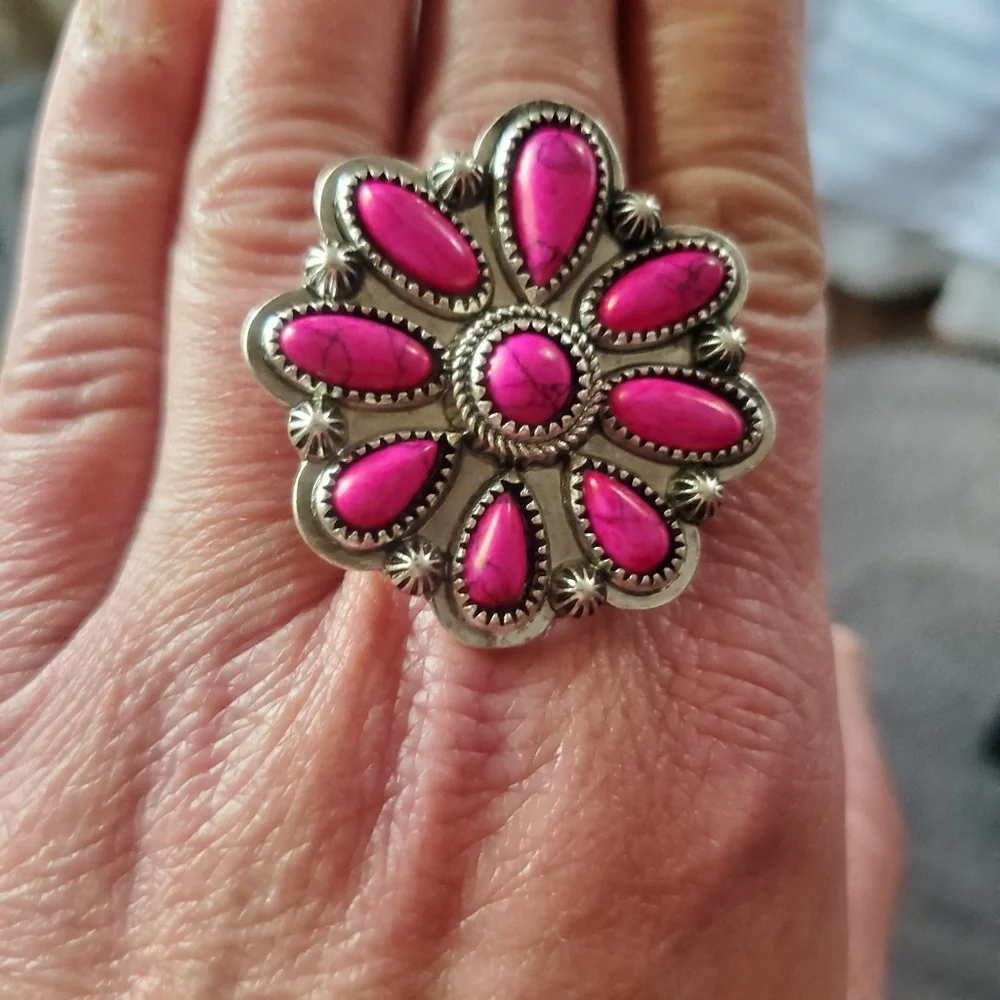 Free Spirit Boho Native South Western People Pink Stone Beaded Flower Ring